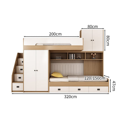 シンプルな二段ベッド　キッズ二段ベッド　木製二段ベッド　二階ベッド　ベッド　ベッドガード　階段　キャビネット付き　ワードローブ　エコ素材　ベッド下収納　引き出し付き　カスタマイズ可能　SCC-S017